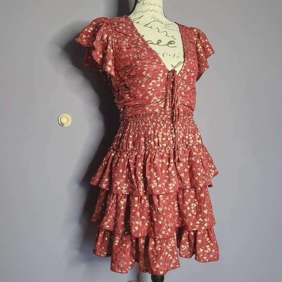 Anthropologie Red And Gold Mini Ruffle Dress - Picture 2 of 15